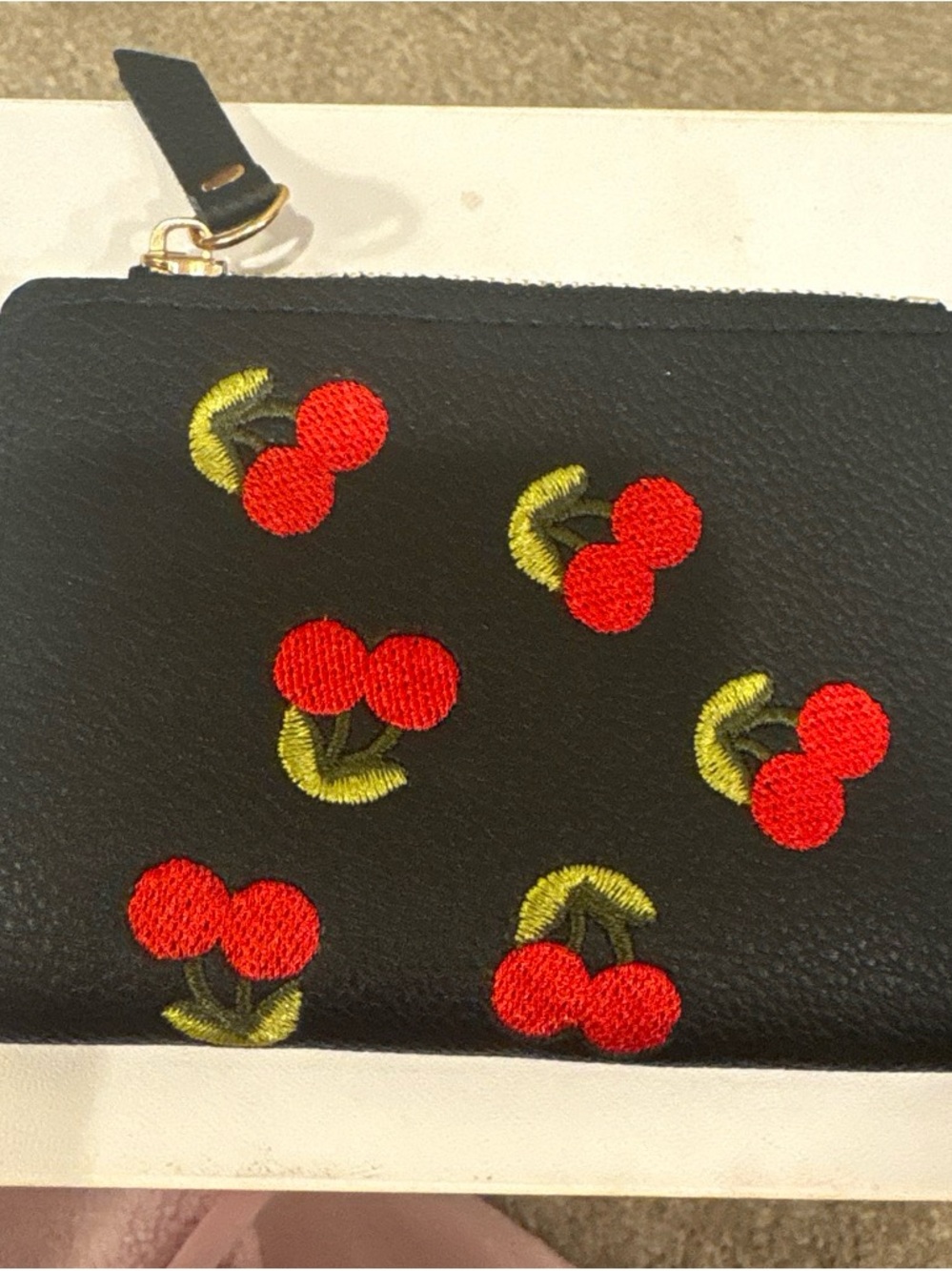Black Cherry Embroidered Leather Zip Pouch